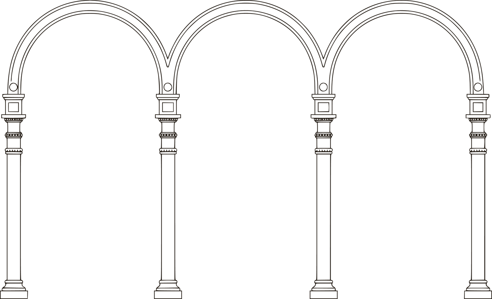 Three tall arches supported by slender columns with carved capitals, barely visible in a darkened interior.