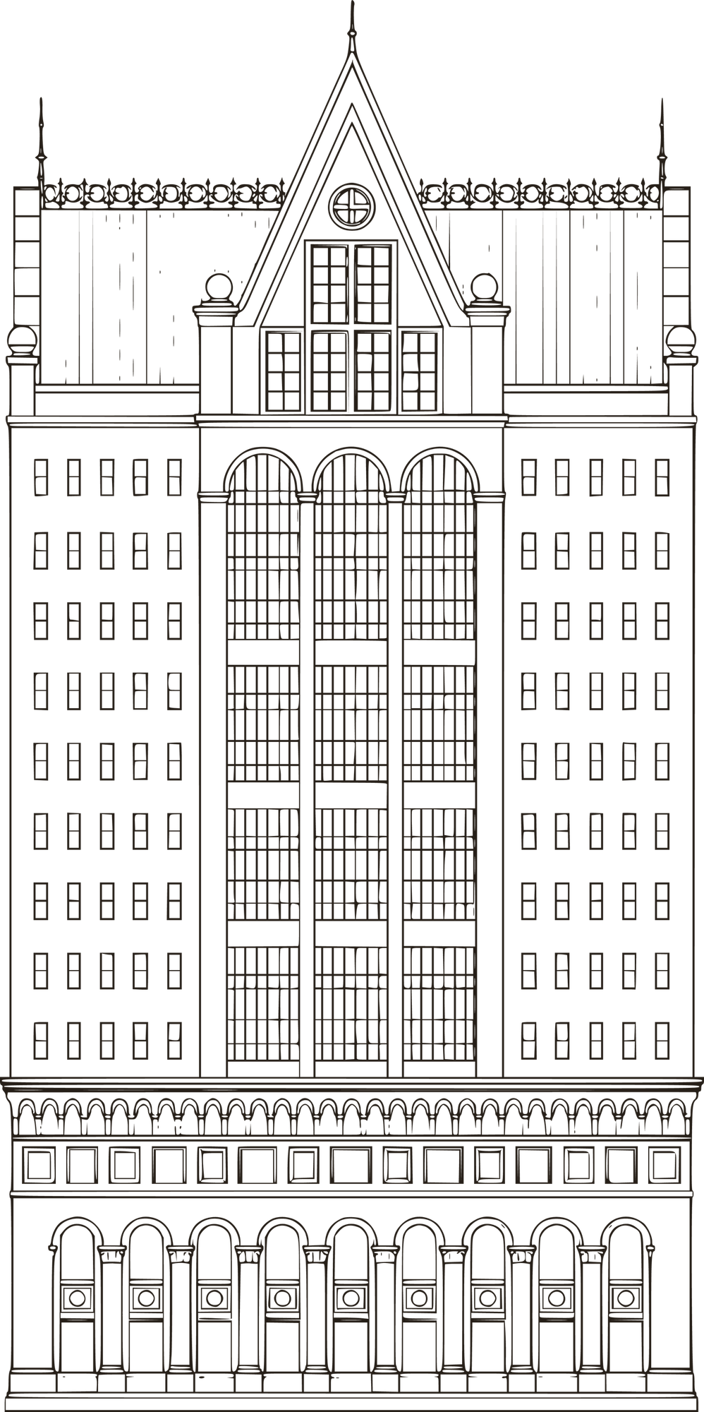 Line drawing elevation of the tower facade, showing a peaked gable, tall arched windows, and an arcaded ground floor.