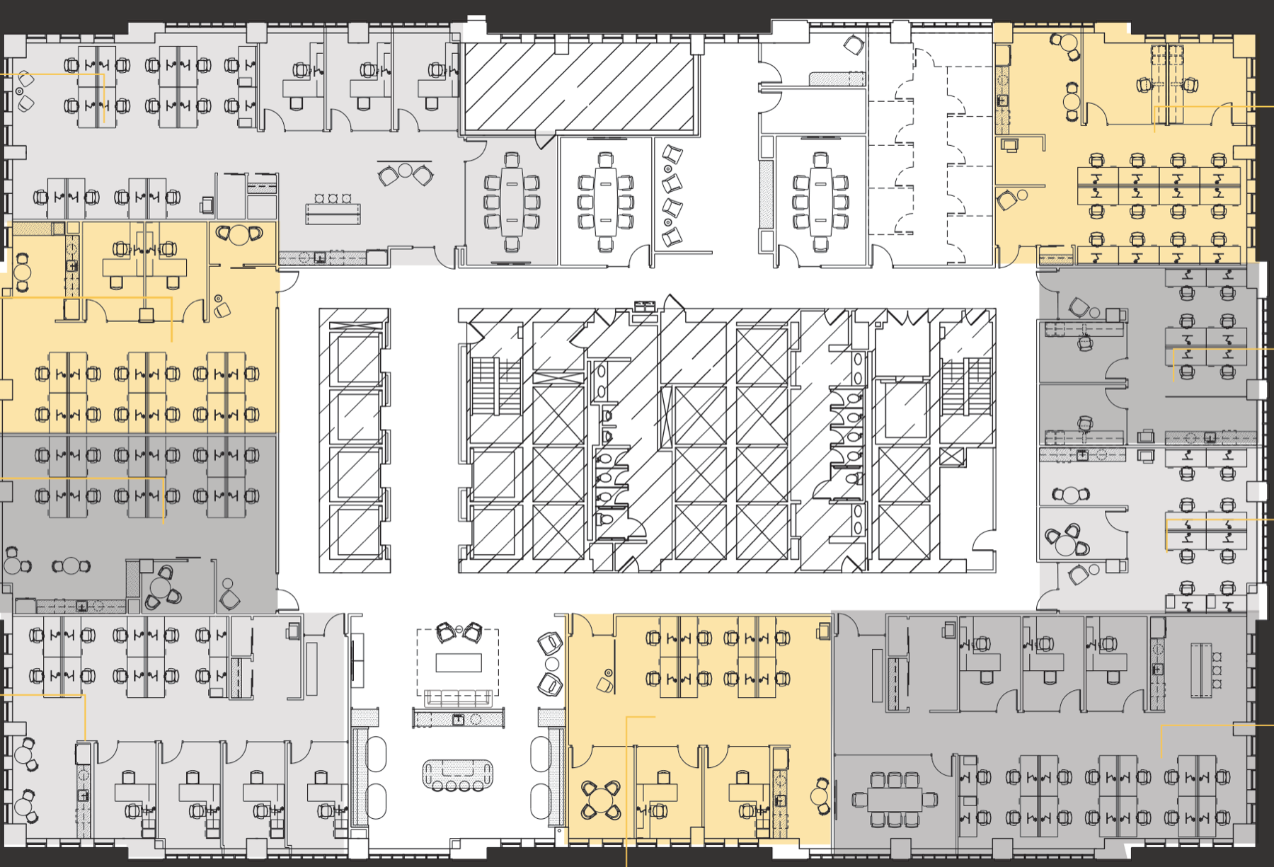 Floor plan of the sixth floor showing nine suites