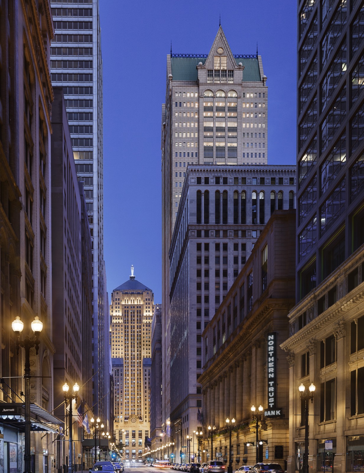 190 South LaSalle Street at dusk