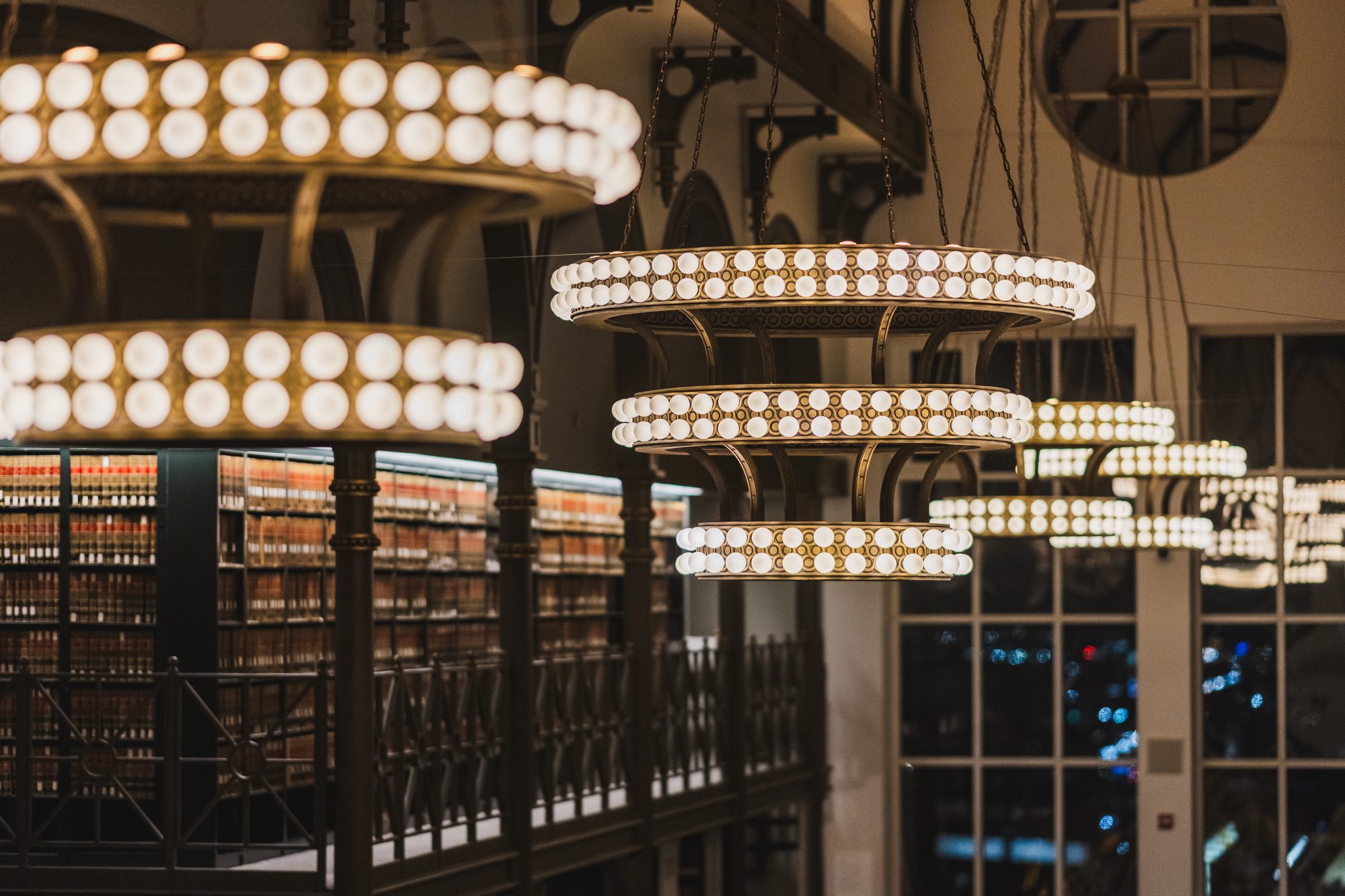 The Library grand hall today, set for a wedding dinner beneath the chandeliers