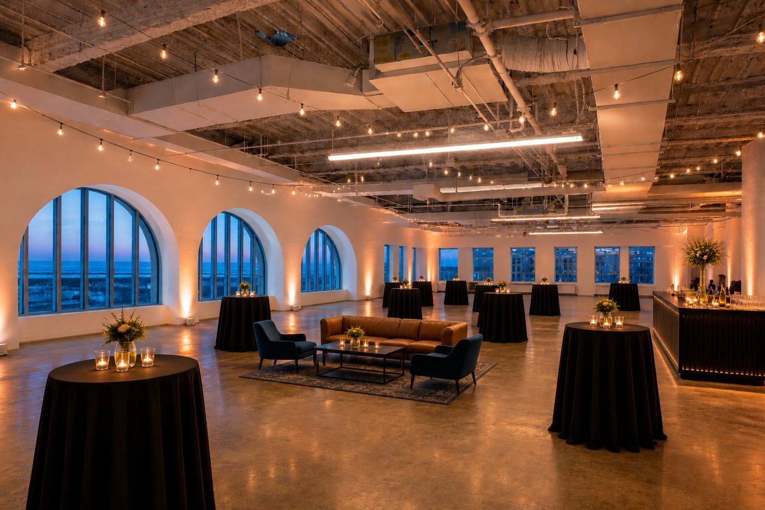 The Narrative Loft with cocktail tables by the arched windows