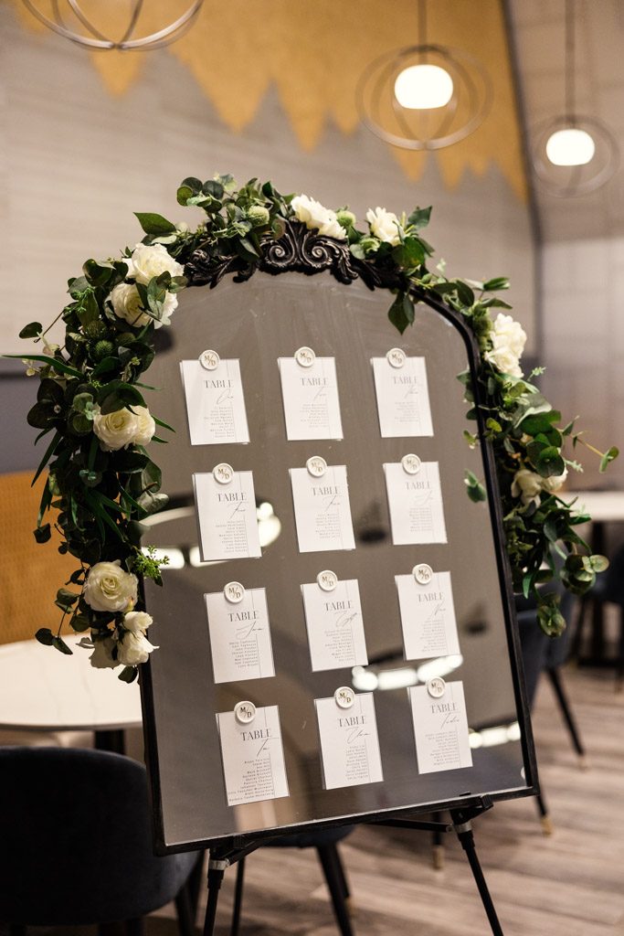 A seating chart framed by flowers
